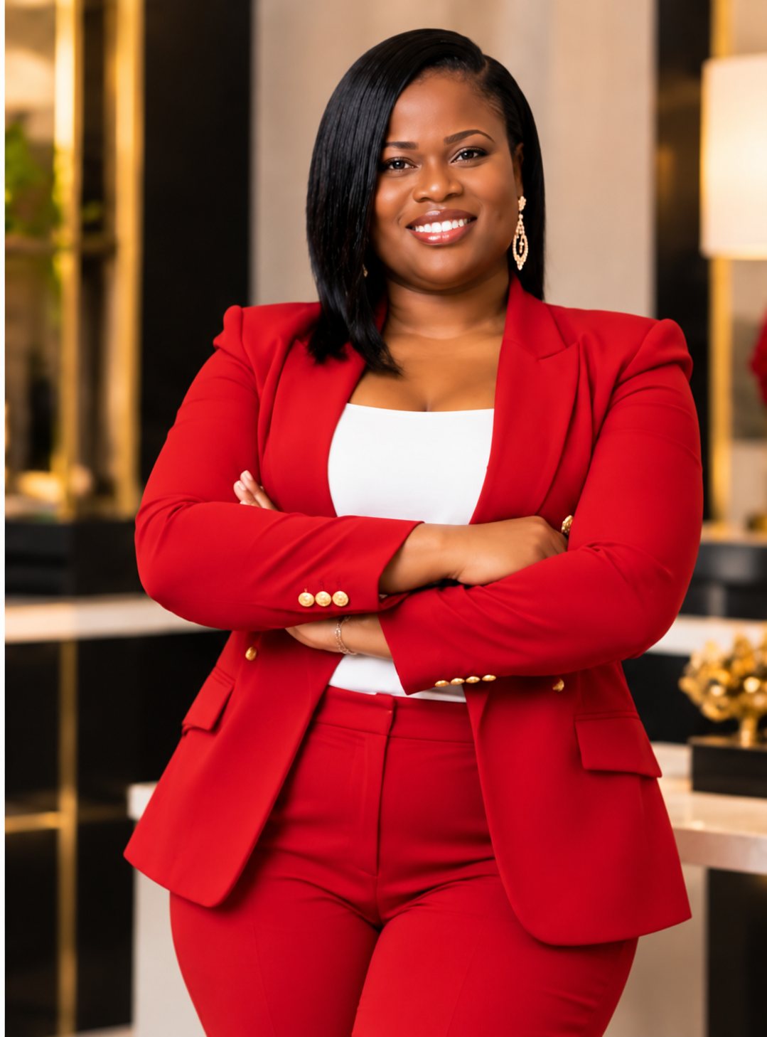 Cherline Daniel in a red suit, arms crossed, smiling